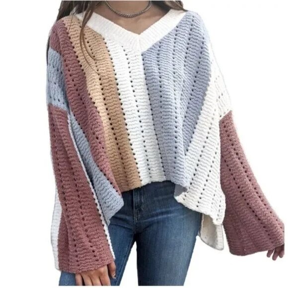 POL Sweaters - POL Chunky Knit Striped Colored Block Chenille Sweater Size Large